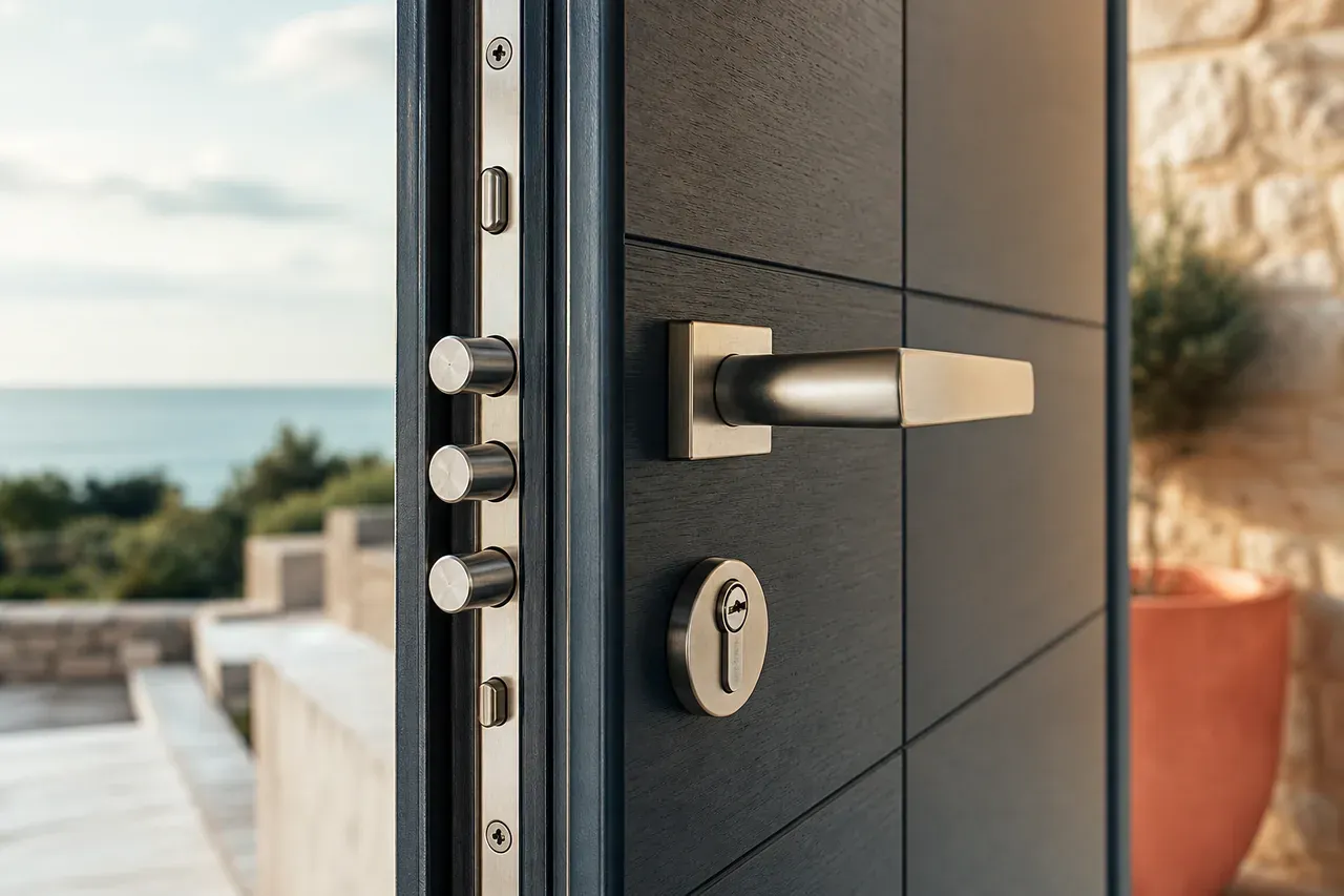 D&eacute;tail d&rsquo;une porte s&eacute;curis&eacute;e avec serrure multipoints et cylindre haute s&eacute;curit&eacute;